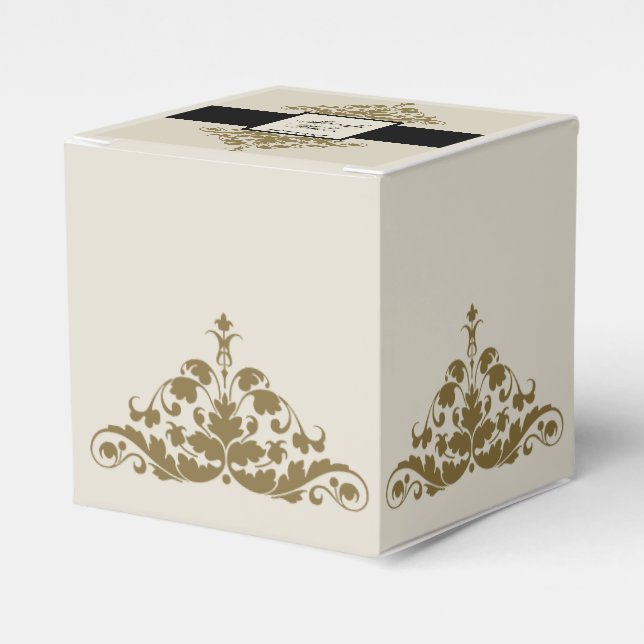 Ivory Black and Gold Damask Wedding Favour Box (Front Side)