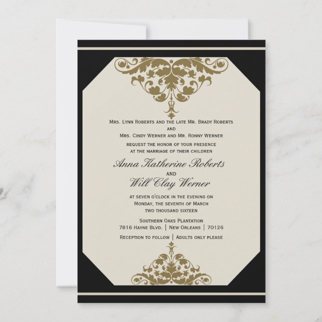 Ivory Black and Gold Damask Wedding Invitation (Back)