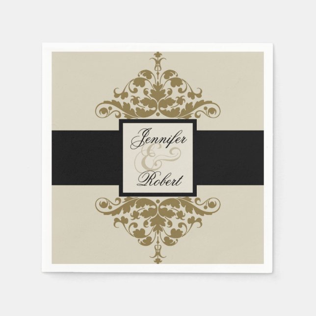Ivory Black and Gold Damask Wedding Napkin (Front)