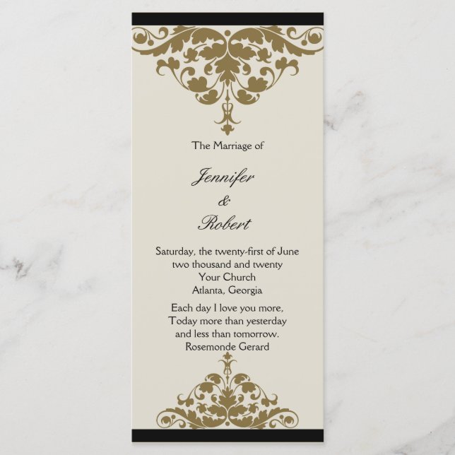 Ivory Black and Gold Damask Wedding Program Programme (Front)