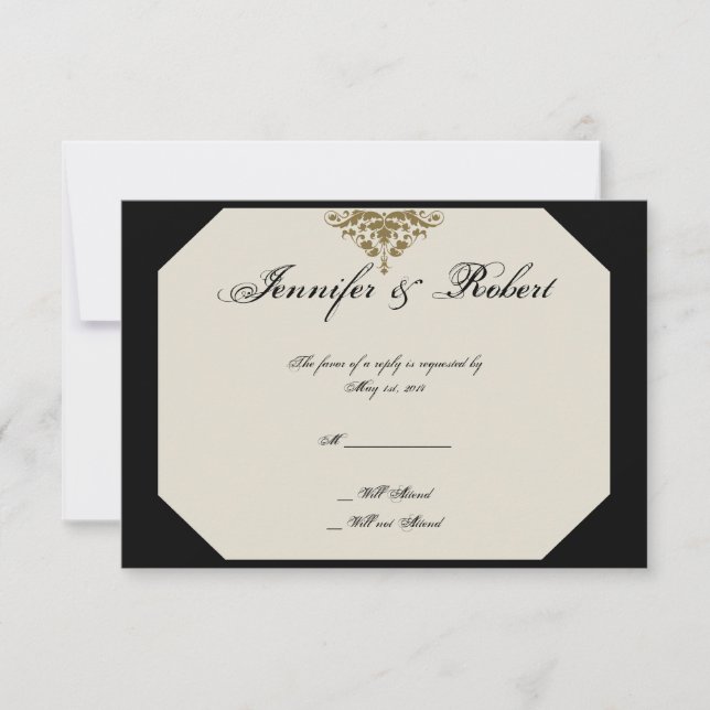 Ivory Black and Gold Damask Wedding Response Card (Front)