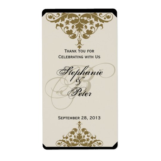 Ivory Black and Gold Damask Wedding Wine Label Shipping Label