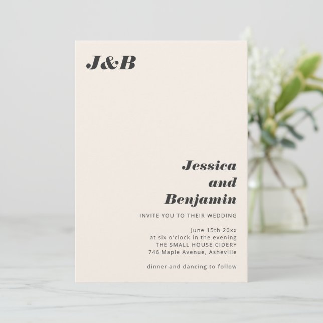Ivory Black Bold Monogram Modern Chic Wedding Invitation (Standing Front)