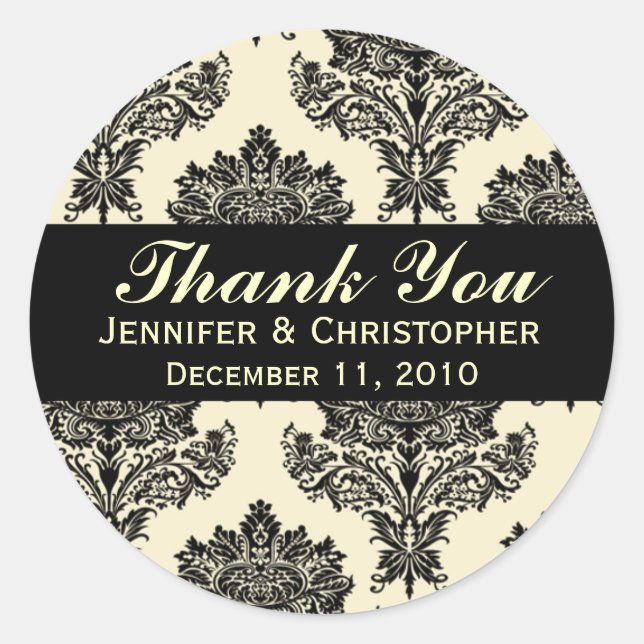 Ivory & Black Damask Round Wedding Labels (Front)