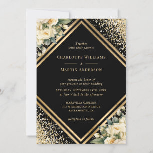 Ivory Black Gold Confetti Geometric Floral Wedding Invitation