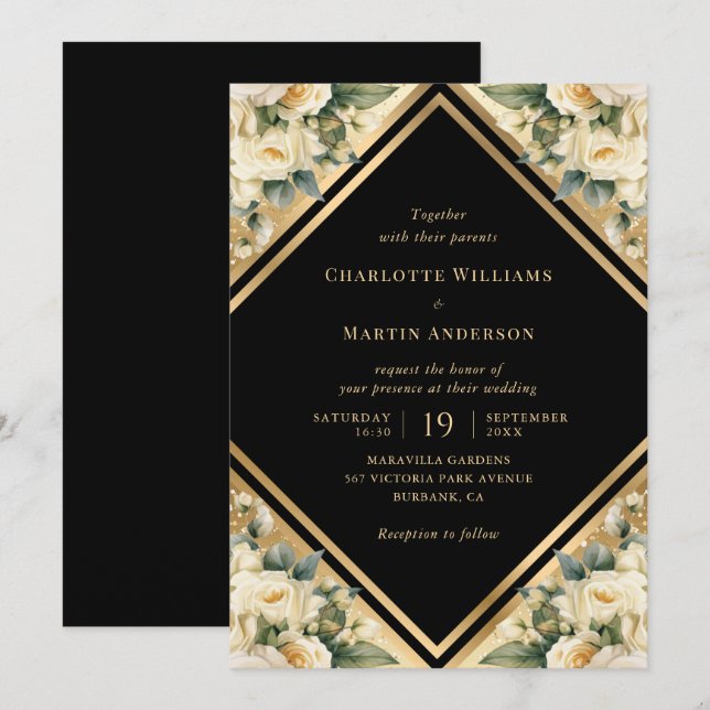 Ivory Black Gold Geometric Floral Wedding Invitation (Front/Back)