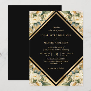 Ivory Black Gold Geometric Floral Wedding Invitation