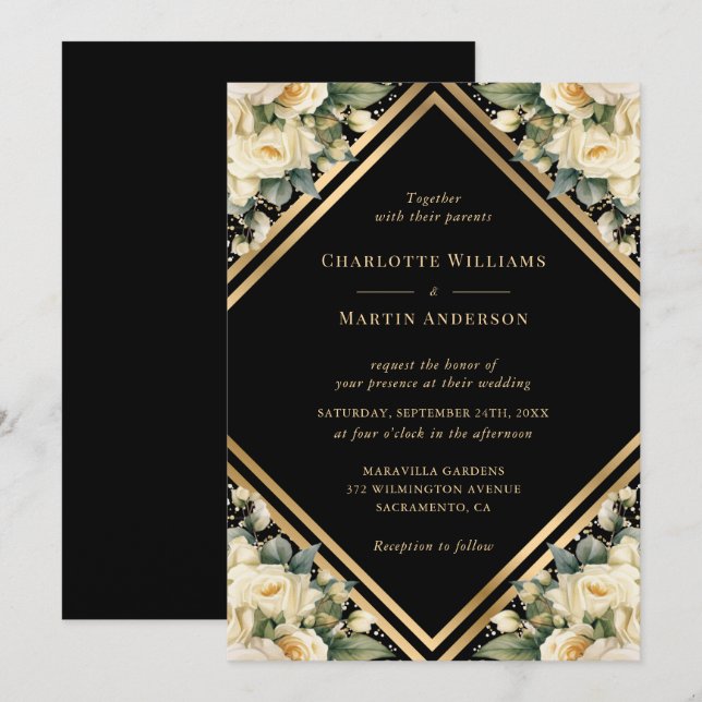 Ivory Black Gold Geometric Floral Wedding Invitation (Front/Back)