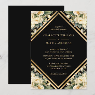 Ivory Black Gold Geometric Floral Wedding Invitation