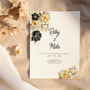 Ivory black gold peony floral luxury Wedding Invitation