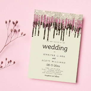 Ivory black gold pink glam glitter drips wedding invitation