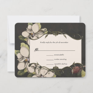 Ivory Black Green Copper Magnolia Wedding RSVP Card