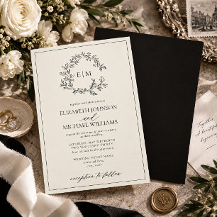 Ivory Black Leafy Crest Monogram Wedding Invitation