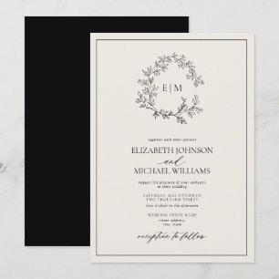 Ivory Black Leafy Crest Monogram Wedding Invitation