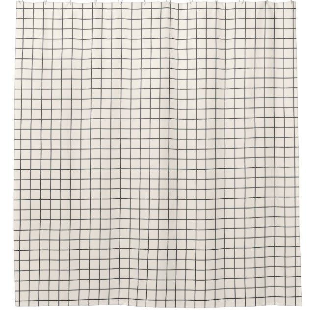 Ivory Black Minimal Grid Pattern Bathroom Decor Shower Curtain (Front)