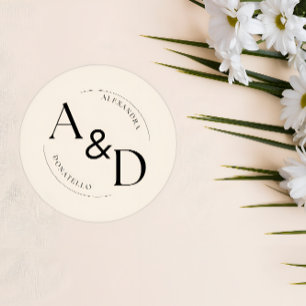 Ivory Black Minimalist Monogram Wedding Classic Round Sticker