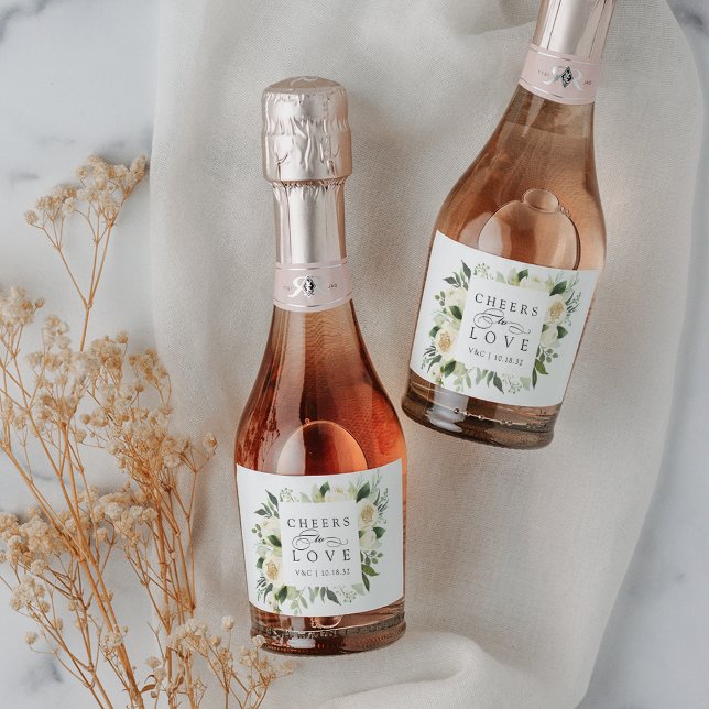 Ivory Bloom Floral Frame "Cheers to Love" Wedding Sparkling Wine Label (Creator Uploaded)