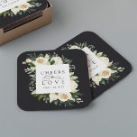 Ivory Bloom Floral Frame "Cheers to Love" Wedding Square Paper Coaster<br><div class="desc">Our Ivory Bloom watercolor floral wedding collection features delicately painted watercolor greenery,  eucalyptus leaves,  green botanical foliage and white and ivory peony flowers. "Cheers to love" appears in classic lettering with calligraphy script accents. Personalise these custom coasters with your initials and wedding date,  or your choice of custom text.</div>