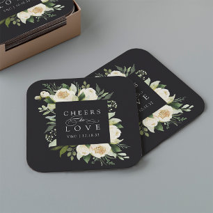 Ivory Bloom Floral Frame "Cheers to Love" Wedding Square Paper Coaster