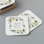 Ivory Bloom Floral Frame "Cheers to Love" Wedding Square Paper Coaster<br><div class="desc">Our Ivory Bloom watercolor floral wedding collection features delicately painted watercolor greenery,  eucalyptus leaves,  green botanical foliage and white and ivory peony flowers. "Cheers to love" appears in classic lettering with calligraphy script accents. Personalise these custom coasters with your initials and wedding date,  or your choice of custom text.</div>