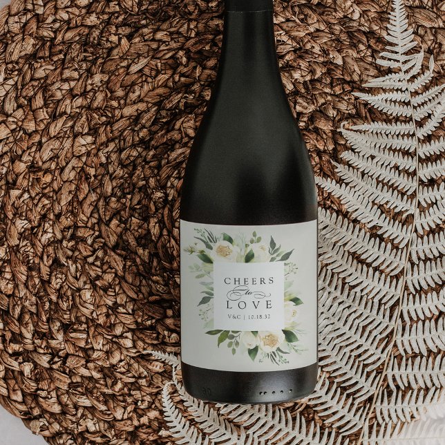 Ivory Bloom Floral Frame "Cheers to Love" Wedding Wine Label (Creator Uploaded)