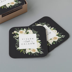 Ivory Bloom   Personalised Floral Frame Wedding Square Paper Coaster