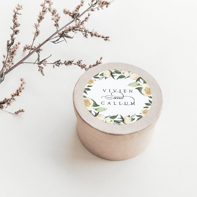 Ivory Bloom | Personalised Floral Wreath Wedding Classic Round Sticker (Creator Uploaded)