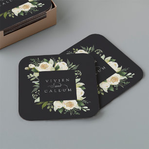 Ivory Bloom Personalized Floral Frame Wedding Square Paper Coaster