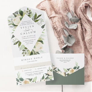 Ivory Bloom Watercolor Floral Frame Wedding All In One Invitation