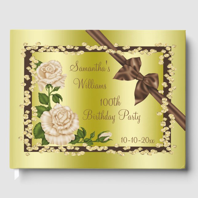 Ivory Blossom, Bows & Diamonds 100th Birthday Guest Book (Front)