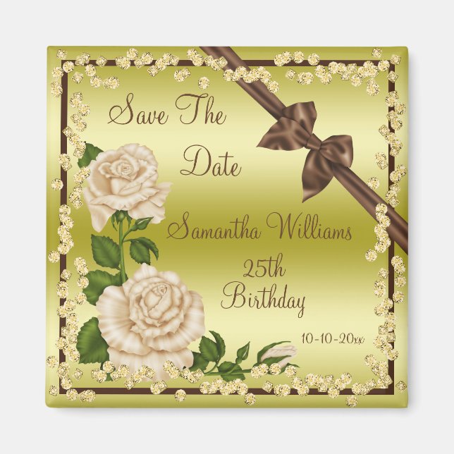 Ivory Blossom, Bows & Diamonds 25th Save The Date Magnet (Front)