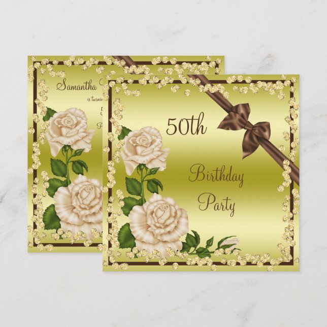Ivory Blossom, Bows & Diamonds 50th Birthday Invitation (Front/Back)