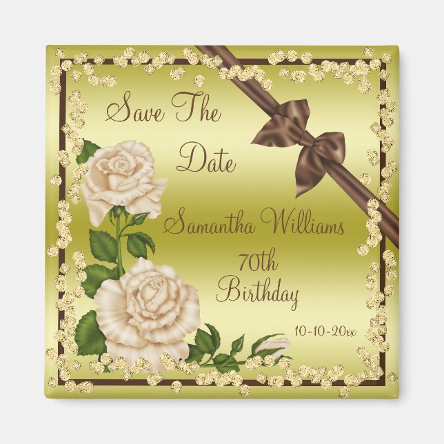 Ivory Blossom, Bows & Diamonds 70th Save The Date Magnet (Front)