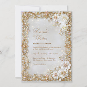 Ivory Blossom Gold Filigree Frame Wedding Invitation