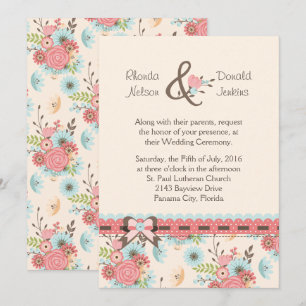 Ivory, Blue and Coral Floral Wedding Invitation