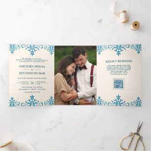 Ivory Blue Damask Ethnic QR Code Indian Wedding Tri-Fold Invitation