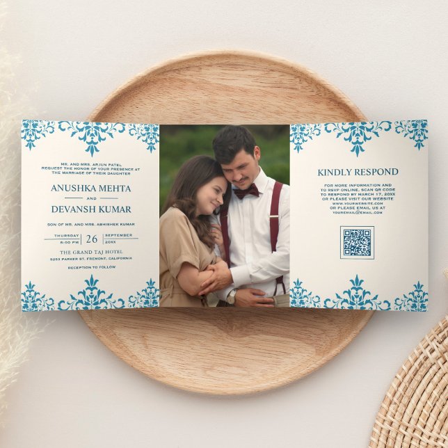 Ivory Blue Damask Ethnic QR Code Indian Wedding Tri-Fold Invitation (Creator Uploaded)