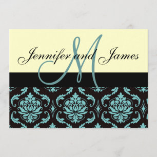 Ivory Blue Damask Wedding Invitation with Monogram