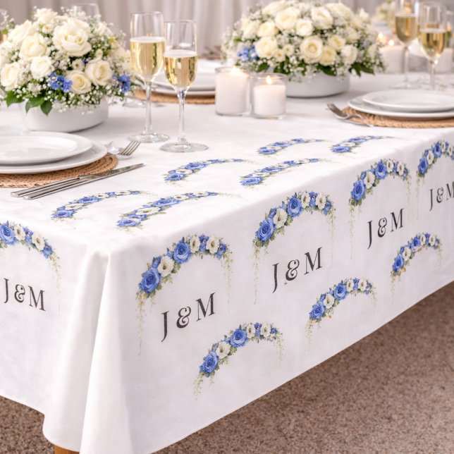 Ivory Blue Floral Wedding Monogram Bride Groom Fabric (Creator Uploaded)