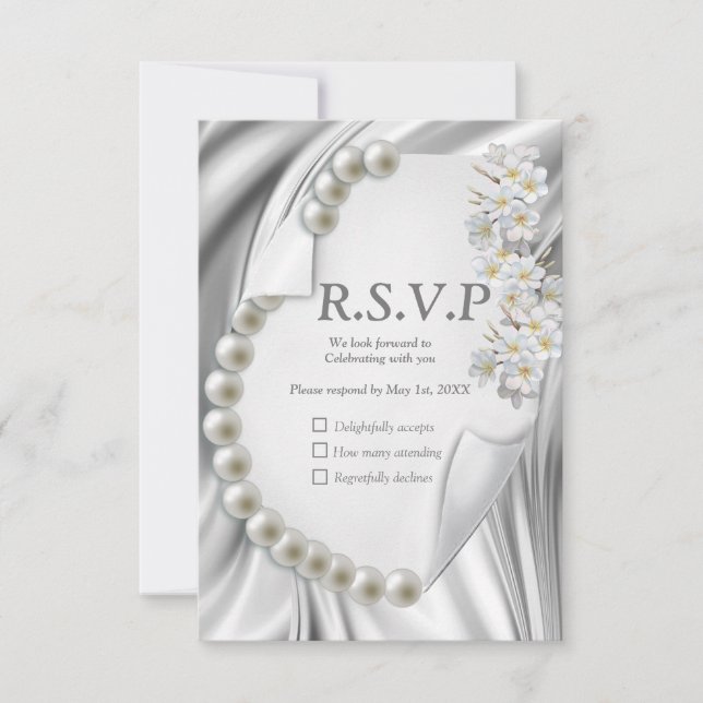 Ivory,Blue,Green Gold Silk & Pearls RSVP Card (Front)