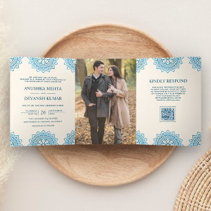Ivory Blue Mandala Ethnic QR Code Indian Wedding Tri-Fold Invitation