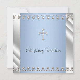 Ivory Blue Pearl Cross Boy Christening Invitation