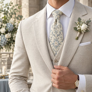Ivory Blue Peony Toile Floral Damask Tie
