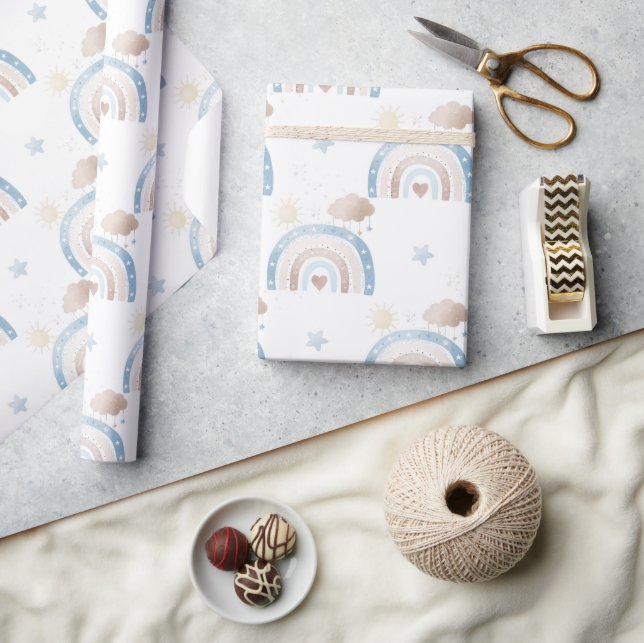 Ivory Blue Taupe Boho Rainbow Clouds Star Boy Gift Wrapping Paper (Crafts)
