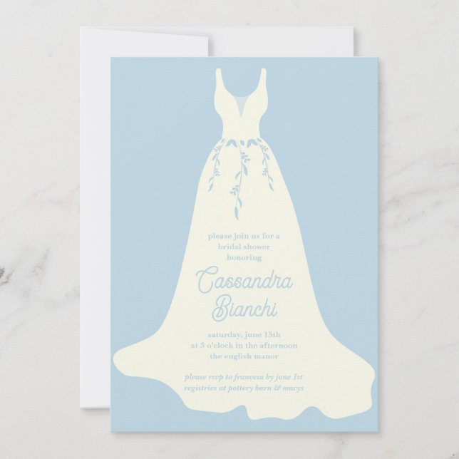 Ivory & Blue Wedding Dress Bridal Shower Invitation (Front)