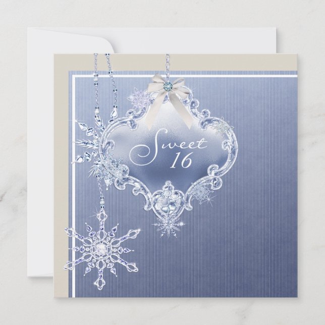 Ivory Blue White Snowflake Sweet Sixteen Birthday Invitation (Front)