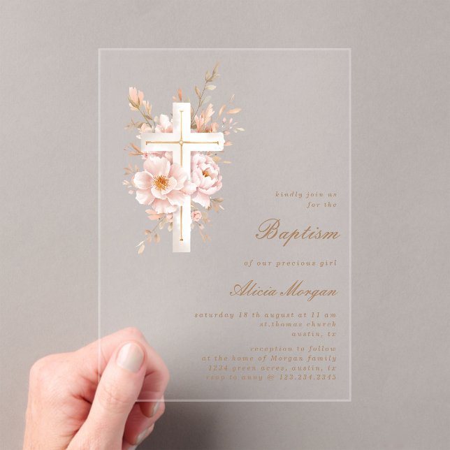 Ivory Blush Floral Cross Baptism Invitation (Insitu (Handheld))