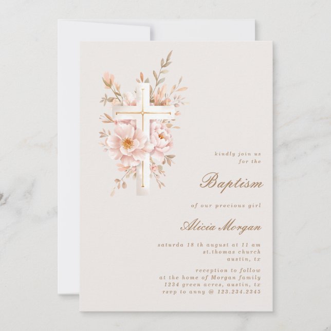Ivory Blush Floral Cross Baptism Invitation (Front)