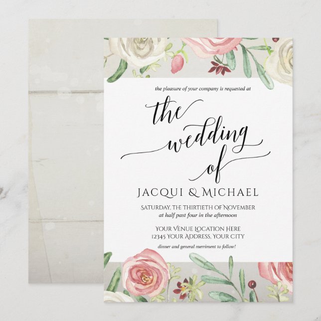 Ivory Blush Floral Wedding Roses Wooden Plank Invitation (Front/Back)