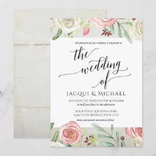Ivory Blush Floral Wedding Roses Wooden Plank Invitation
